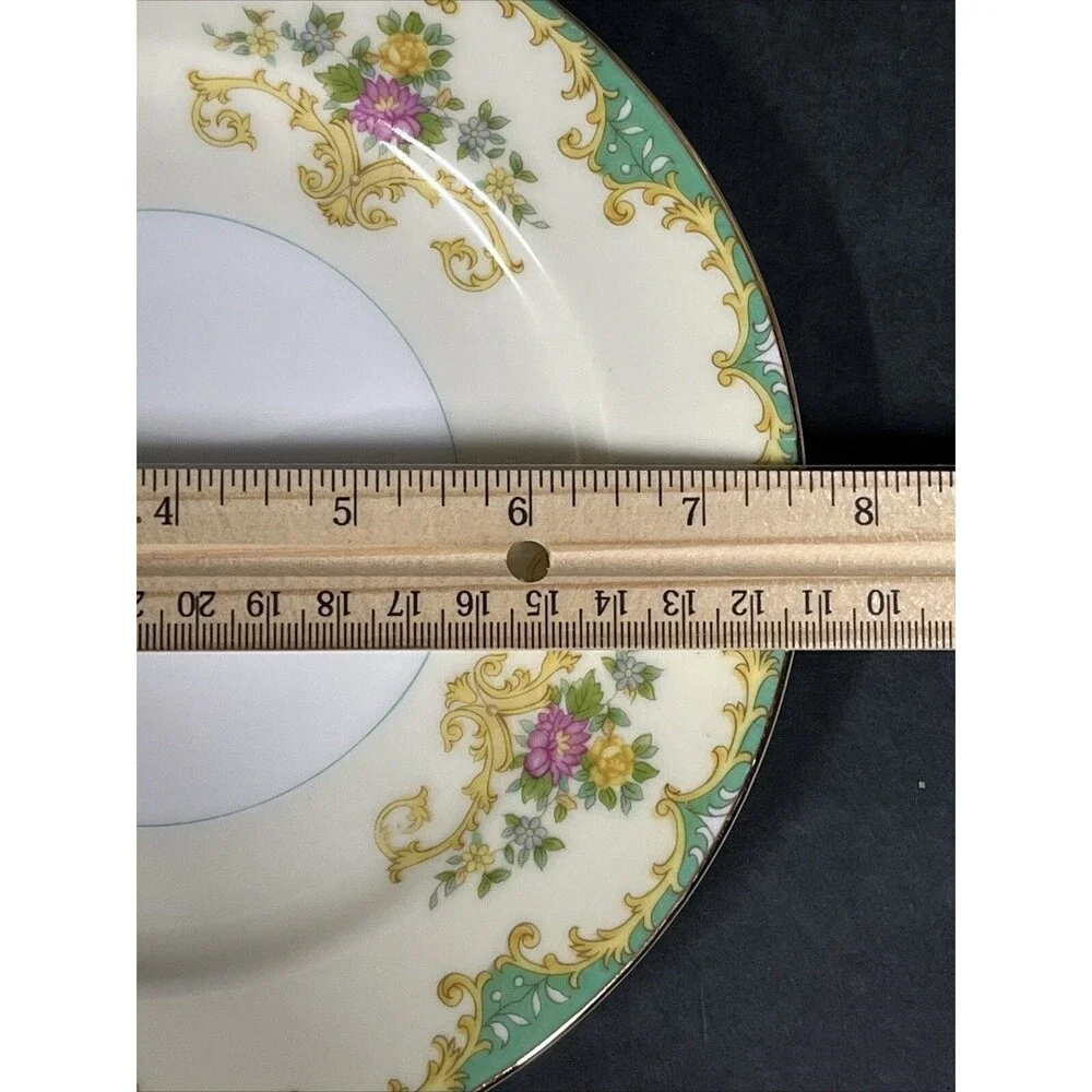 1930s Noritake Tiffany M Dessert Plates 7.5” Gold Trim Ivory Aqua Beige 2 PC HTF